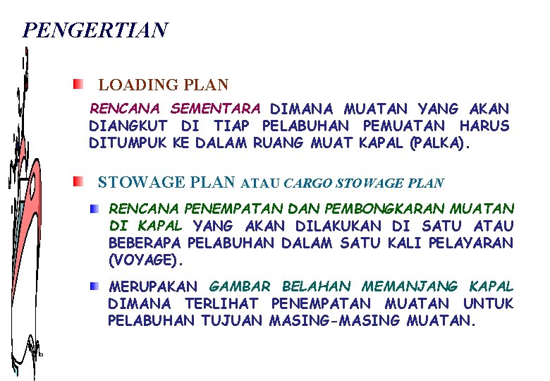 PENGERTIAN LOADING PLAN RENCANA SEMENTARA DIMANA MUATAN YANG AKAN DIANGKUT DI TIAP PELABUHAN PEMUATAN