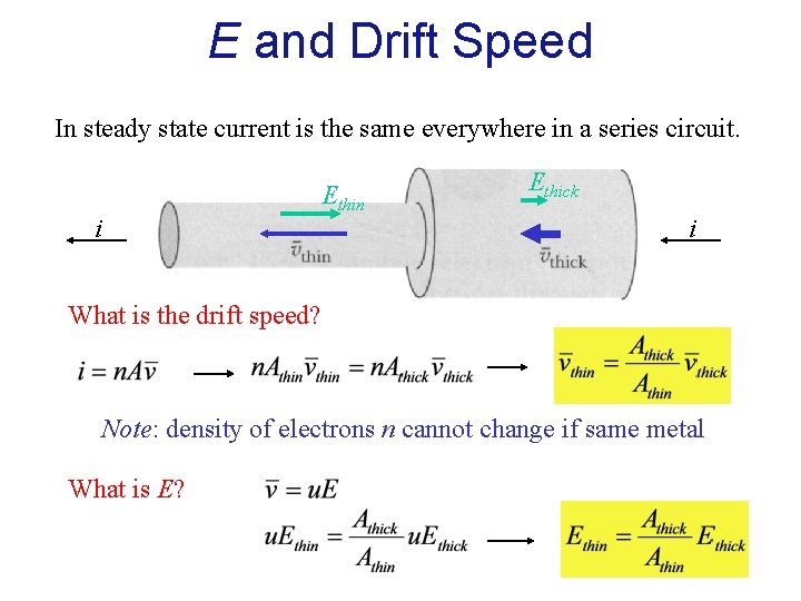 E and Drift Speed In steady state current is the same everywhere in a