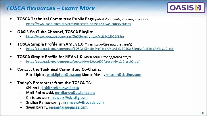 TOSCA Resources – Learn More • TOSCA Technical Committee Public Page (latest documents, updates,