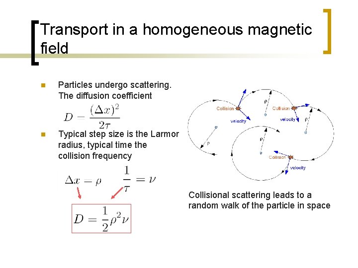 Transport in a homogeneous magnetic field n Particles undergo scattering. The diffusion coefficient n
