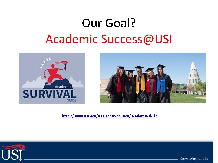 Academic Our survival guide topics Goal? http: //www. usi. edu/media/3360088/USI-Academic-Survival-Guide. pdf Success@USI • Topics Academic Our survival guide topics Goal? http: //www. usi. edu/media/3360088/USI-Academic-Survival-Guide. pdf Success@USI • Topics