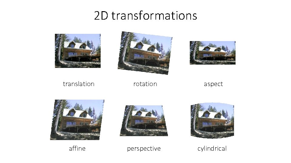 2 D transformations translation rotation aspect affine perspective cylindrical 