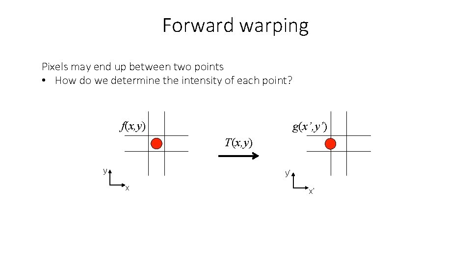 Forward warping Pixels may end up between two points • How do we determine