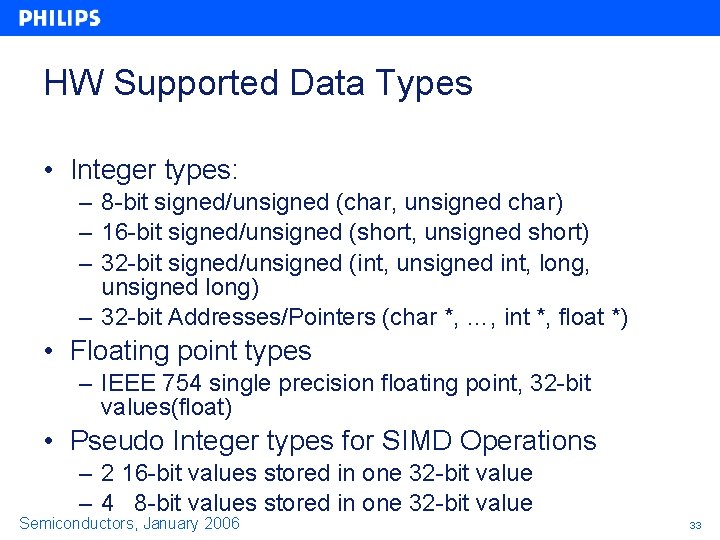 HW Supported Data Types • Integer types: – 8 -bit signed/unsigned (char, unsigned char) HW Supported Data Types • Integer types: – 8 -bit signed/unsigned (char, unsigned char)