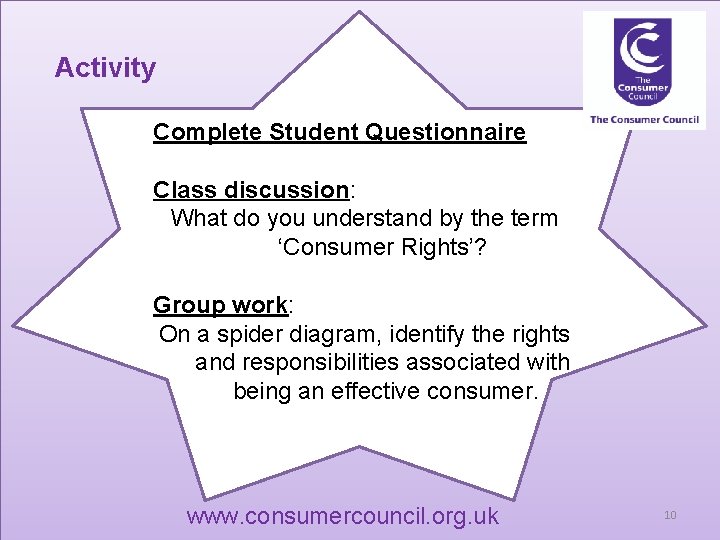 Activity Complete Student Questionnaire Class discussion: What do you understand by the term ‘Consumer