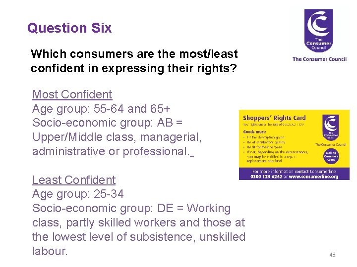 Question Six Which consumers are the most/least confident in expressing their rights? Most Confident