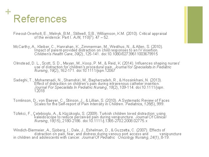 + References Fineout-Overholt, E. , Melnyk, B. M. , Stillwell, S. B. , Williamson,