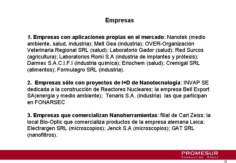 Empresas 1. Empresas con aplicaciones propias en el mercado: Nanotek (medio ambiente, salud, industria);