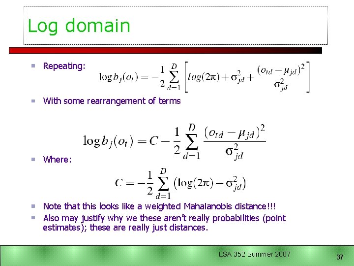 Log domain Repeating: With some rearrangement of terms Where: Note that this looks like