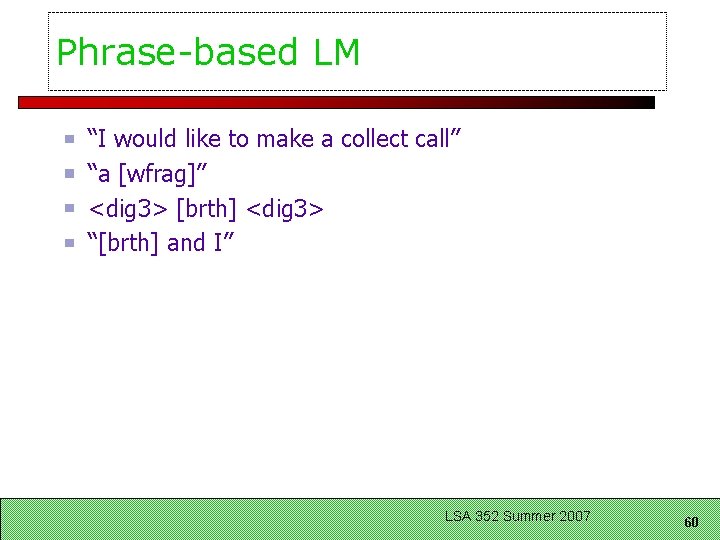 Phrase-based LM “I would like to make a collect call” “a [wfrag]” <dig 3>