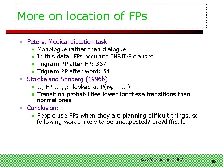 More on location of FPs Peters: Medical dictation task Monologue rather than dialogue In