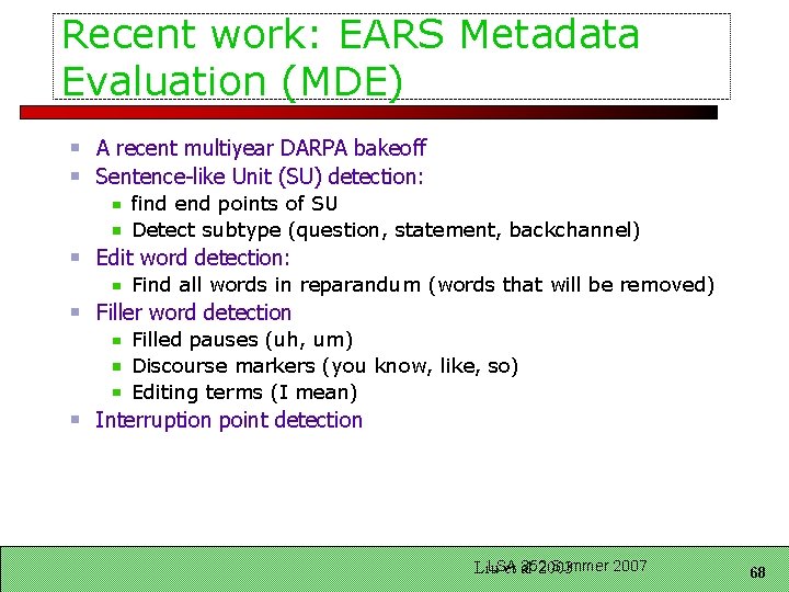 Recent work: EARS Metadata Evaluation (MDE) A recent multiyear DARPA bakeoff Sentence-like Unit (SU)