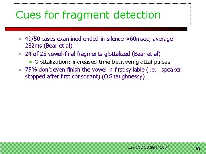 Cues for fragment detection 49/50 cases examined ended in silence >60 msec; average 282
