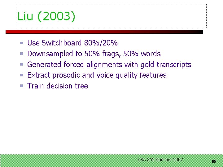 Liu (2003) Use Switchboard 80%/20% Downsampled to 50% frags, 50% words Generated forced alignments