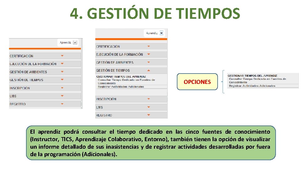 4. GESTIÓN DE TIEMPOS OPCIONES El aprendiz podrá consultar el tiempo dedicado en las