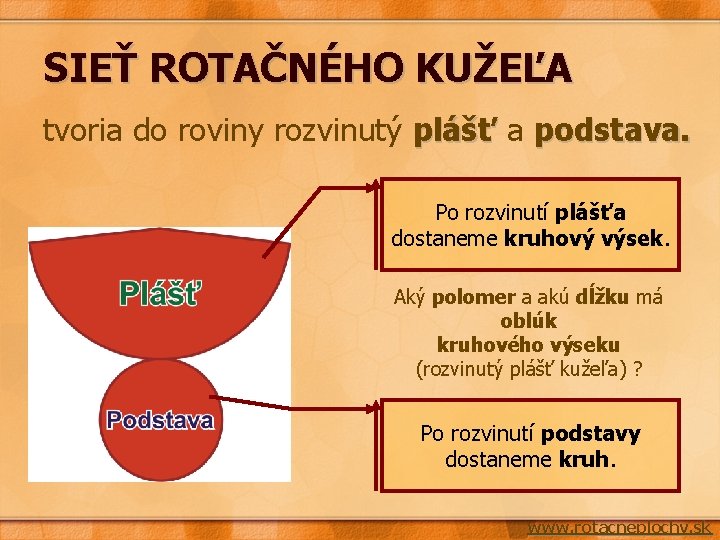 SIEŤ ROTAČNÉHO KUŽEĽA tvoria do roviny rozvinutý plášť a podstava. Po rozvinutí plášťa dostaneme