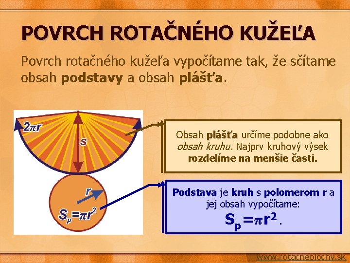 POVRCH ROTAČNÉHO KUŽEĽA Povrch rotačného kužeľa vypočítame tak, že sčítame obsah podstavy a obsah