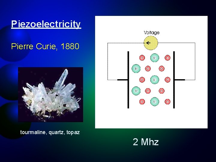 Piezoelectricity Pierre Curie, 1880 tourmaline, quartz, topaz 2 Mhz 