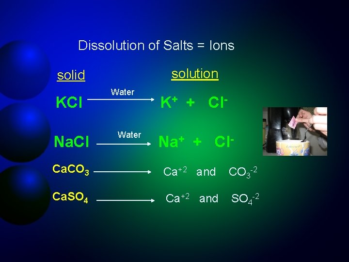 Dissolution of Salts = Ions solution solid KCl Na. Cl Water K+ + Cl.