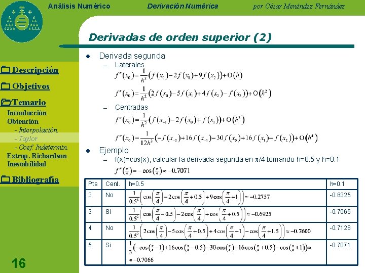 Derivación Numérica Análisis Numérico por César Menéndez Fernández Derivadas de orden superior (2) l