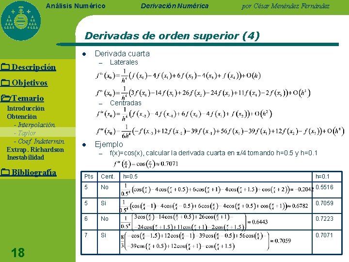 Derivación Numérica Análisis Numérico por César Menéndez Fernández Derivadas de orden superior (4) l