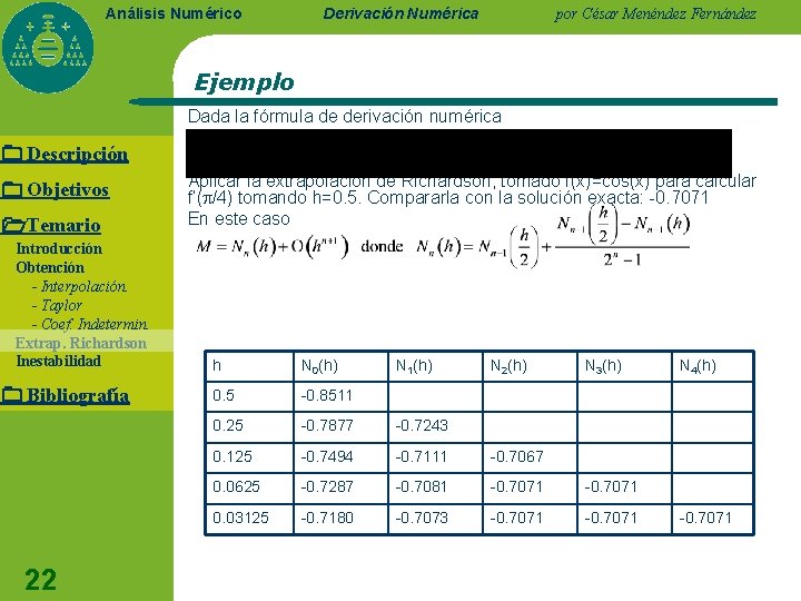 Análisis Numérico Derivación Numérica por César Menéndez Fernández Ejemplo Dada la fórmula de derivación