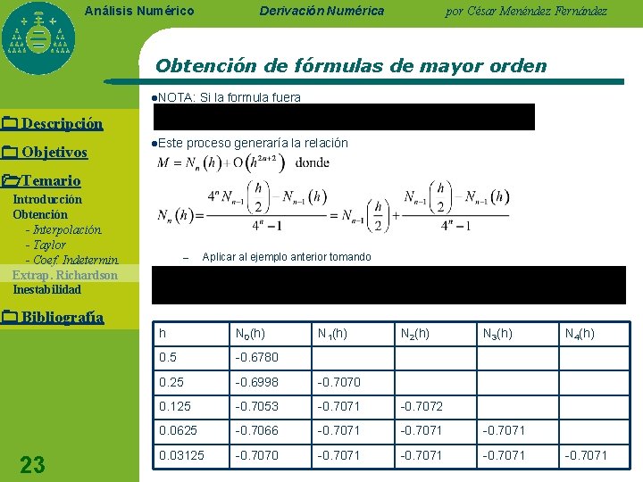 Derivación Numérica Análisis Numérico por César Menéndez Fernández Obtención de fórmulas de mayor orden