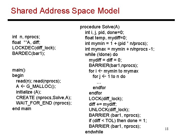 Shared Address Space Model int n, nprocs; float **A, diff; LOCKDEC(diff_lock); BARDEC(bar 1); main()