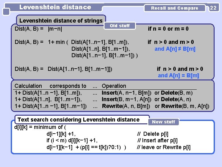 Levenshtein distance Recall and Compare Levenshtein distance of strings Dist(A, B) = |m−n| Old Levenshtein distance Recall and Compare Levenshtein distance of strings Dist(A, B) = |m−n| Old