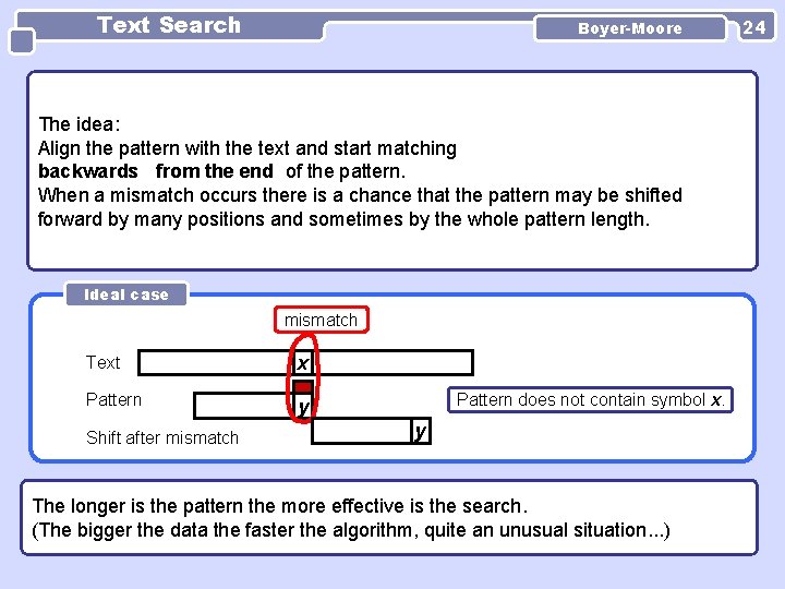 Text Search Boyer-Moore The idea: Align the pattern with the text and start matching Text Search Boyer-Moore The idea: Align the pattern with the text and start matching
