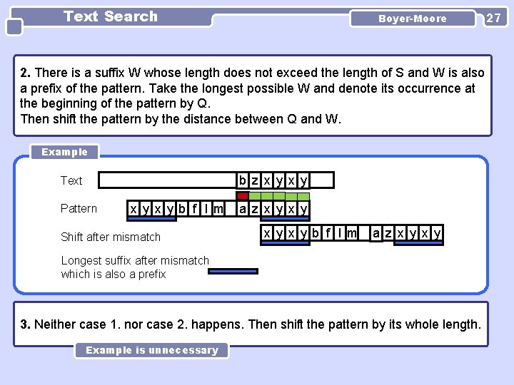 Text Search Boyer-Moore 2. There is a suffix W whose length does not exceed Text Search Boyer-Moore 2. There is a suffix W whose length does not exceed