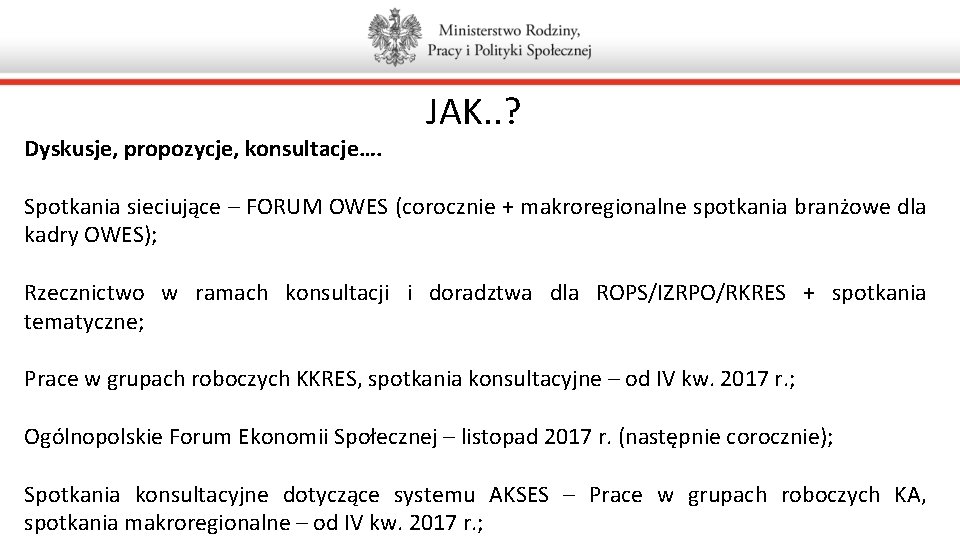 Dyskusje, propozycje, konsultacje…. JAK. . ? Spotkania sieciujące – FORUM OWES (corocznie + makroregionalne