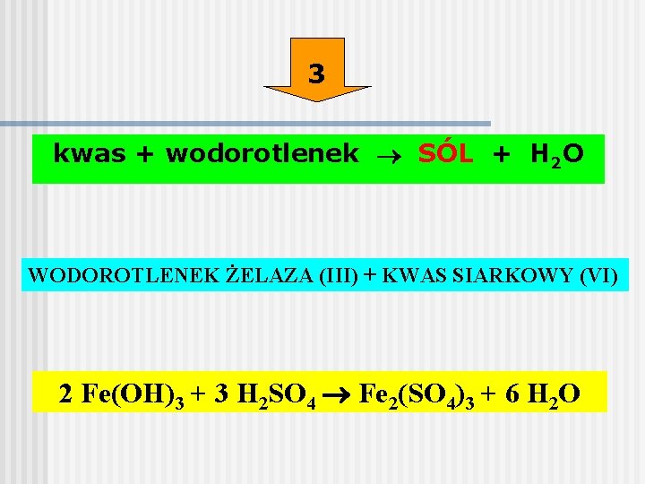 3 kwas + wodorotlenek SÓL + H 2 O WODOROTLENEK ŻELAZA (III) + KWAS