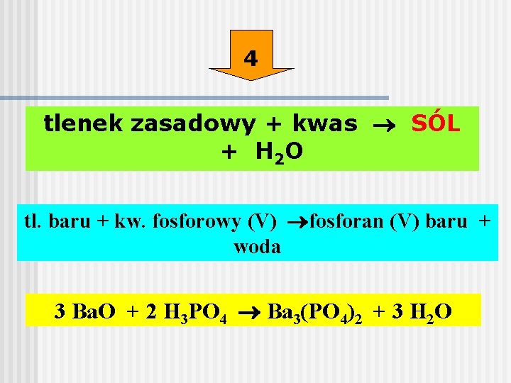 4 tlenek zasadowy + kwas SÓL + H 2 O tl. baru + kw.