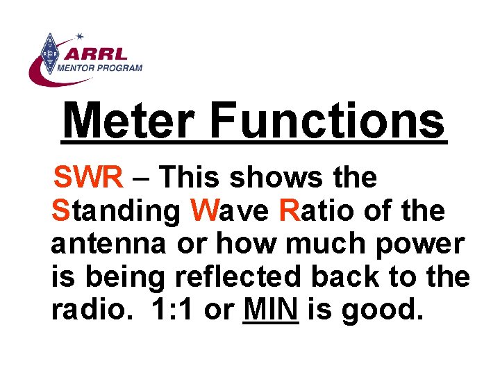 Meter Functions SWR – This shows the Standing Wave Ratio of the antenna or