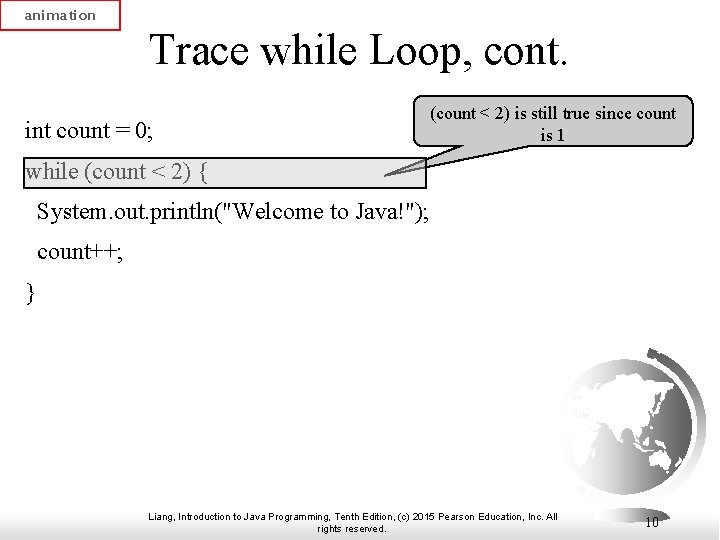 animation Trace while Loop, cont. int count = 0; (count < 2) is still