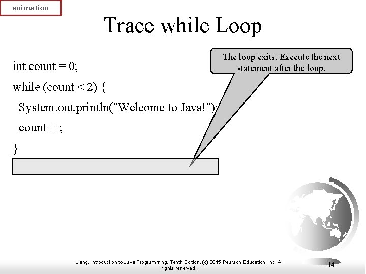 animation Trace while Loop int count = 0; The loop exits. Execute the next