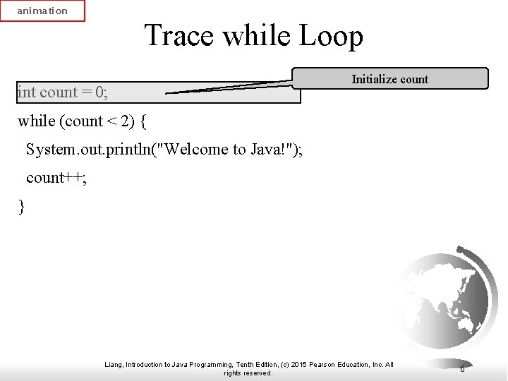 animation Trace while Loop int count = 0; Initialize count while (count < 2)