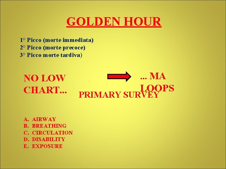 GOLDEN HOUR 1° Picco (morte immediata) 2° Picco (morte precoce) 3° Picco morte tardiva)