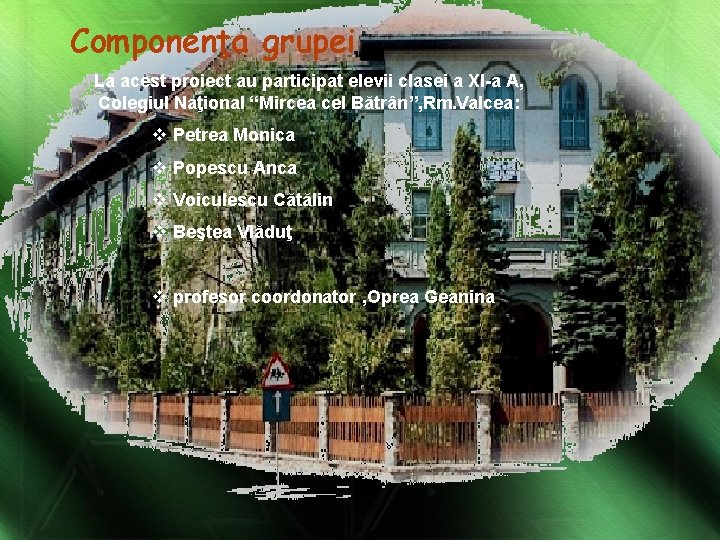 Componenţa grupei La acest proiect au participat elevii clasei a XI-a A, Colegiul Naţional