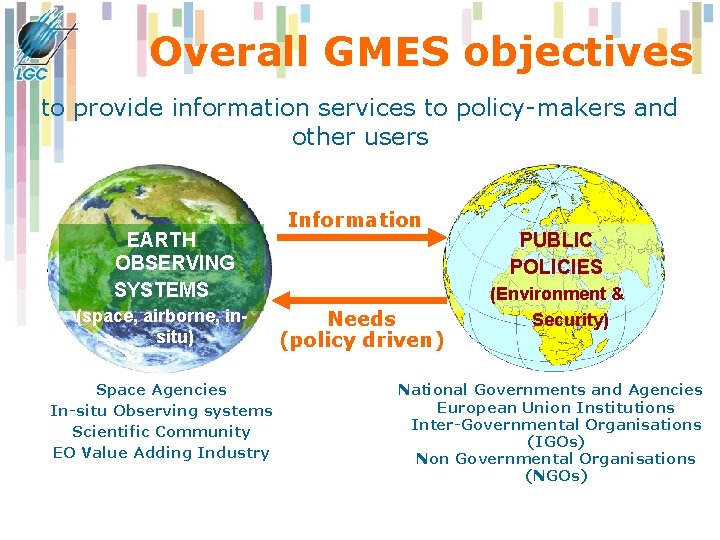 Overall GMES objectives to provide information services to policy-makers and other users EARTH OBSERVING Overall GMES objectives to provide information services to policy-makers and other users EARTH OBSERVING
