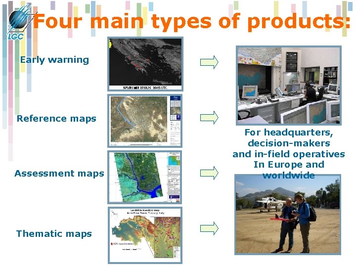 Four main types of products: Early warning Reference maps Assessment maps Thematic maps For Four main types of products: Early warning Reference maps Assessment maps Thematic maps For