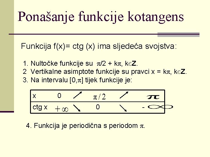 Ponašanje funkcije kotangens Funkcija f(x)= ctg (x) ima sljedeća svojstva: 1. Nultočke funkcije su