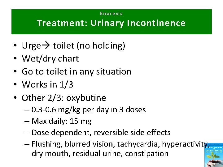 Enuresis Treatment: Urinary Incontinence • • • Urge toilet (no holding) Wet/dry chart Go