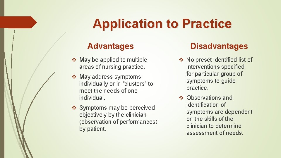 Application to Practice Advantages v May be applied to multiple areas of nursing practice. Application to Practice Advantages v May be applied to multiple areas of nursing practice.