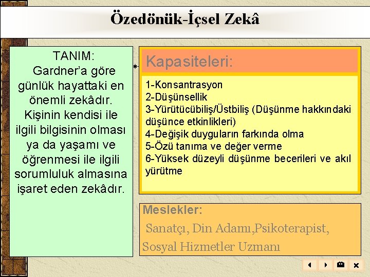 Özedönük-İçsel Zekâ TANIM: Gardner’a göre günlük hayattaki en önemli zekâdır. Kişinin kendisi ile ilgili