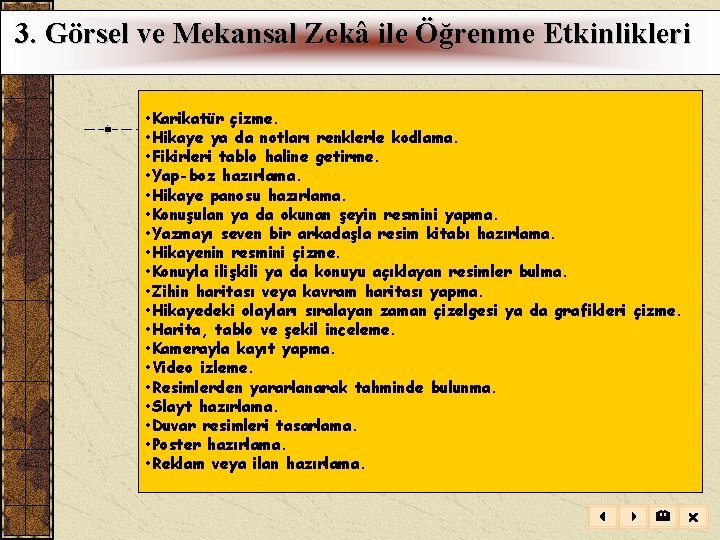  3. Görsel ve Mekansal Zekâ ile Öğrenme Etkinlikleri • Karikatür çizme. • Hikaye