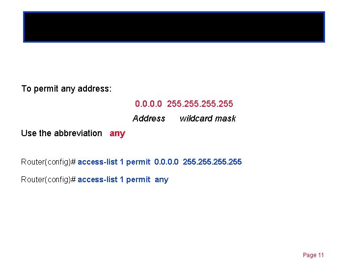 Abbreviations Chapter 11 To permit any address: 0. 0 255 Address wildcard mask Use