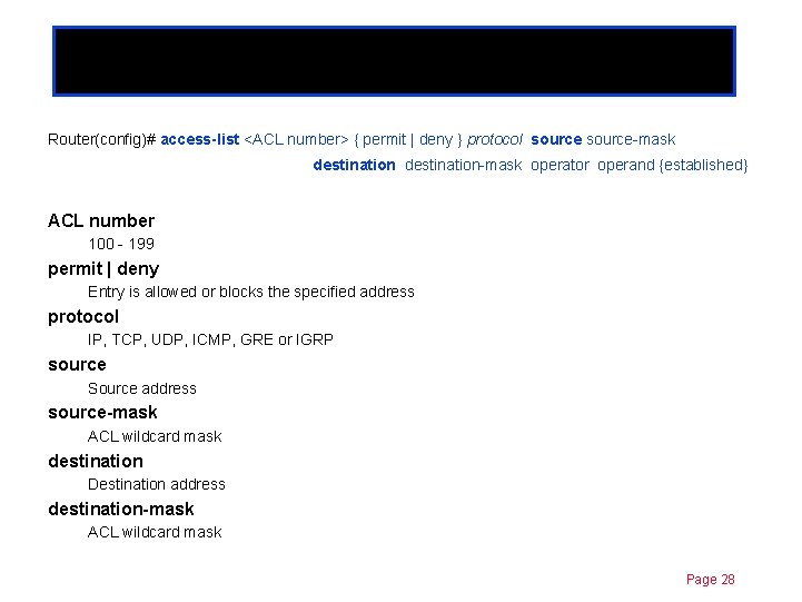 Extended ACLs Chapter 11 Router(config)# access-list <ACL number> { permit | deny } protocol