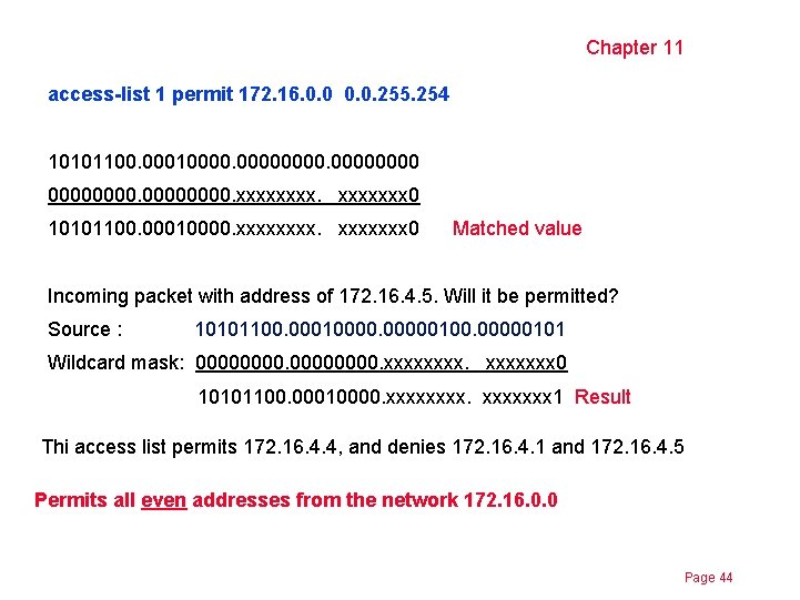Chapter 11 access-list 1 permit 172. 16. 0. 0. 255. 254 10101100. 000100000000. xxxxxxx